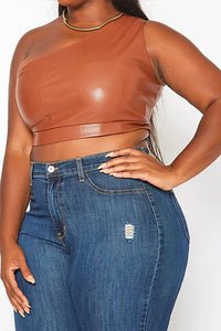 Faux Leather One Sleeve Crop Top