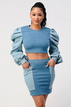 Load image into Gallery viewer, DENIM PUFFY SLEEVE 2 PC SKIRT SET