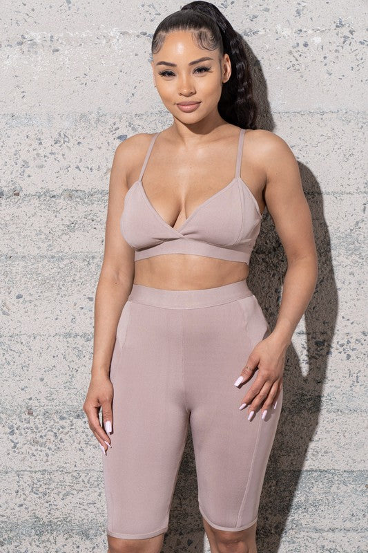 HEAVY KNIT BRA TOP WITH SIDE MESH PANTS SETS