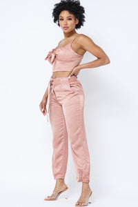CROPTOP FRONT KNOT DETAIL PANTS SET WITH BELT