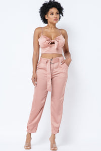 CROPTOP FRONT KNOT DETAIL PANTS SET WITH BELT