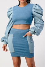 Load image into Gallery viewer, DENIM PUFFY SLEEVE 2 PC SKIRT SET
