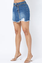 Load image into Gallery viewer, DENIM SKIRT WITH WAIST CHAIN AND DISTRESS DETAIL