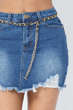 Load image into Gallery viewer, DENIM SKIRT WITH WAIST CHAIN AND DISTRESS DETAIL