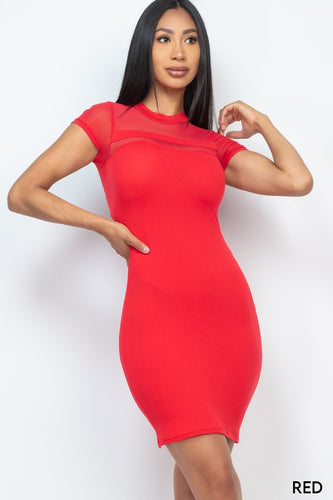 Meshed Mock Neck Bodycon Dress