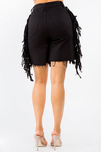 HIGH WAIST CUT OUT FRONT FRINGED SHORTS