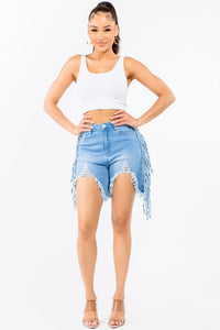 HIGH WAIST CUT OUT FRONT FRINGED SHORTS