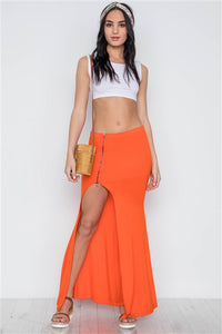 Orange Solid Zip Front Side Slit Maxi Skirt