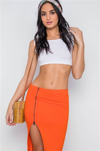 Orange Solid Zip Front Side Slit Maxi Skirt