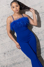 Load image into Gallery viewer, BELL BOTTOM KNIT CRAPE JUMPSUIT WITH FEATHERS