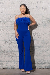 BELL BOTTOM KNIT CRAPE JUMPSUIT WITH FEATHERS