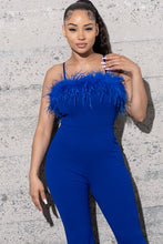 Load image into Gallery viewer, BELL BOTTOM KNIT CRAPE JUMPSUIT WITH FEATHERS