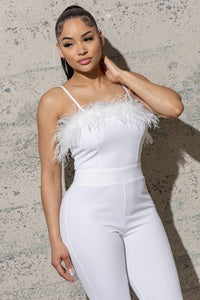 BELL BOTTOM KNIT CRAPE JUMPSUIT WITH FEATHERS