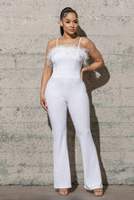 Load image into Gallery viewer, BELL BOTTOM KNIT CRAPE JUMPSUIT WITH FEATHERS
