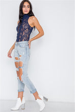 Load image into Gallery viewer, Mock Neck Sheer Button Down Lace Top