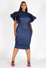 Load image into Gallery viewer, DENIM BUTTERFLY SLEEVE BODYCON MIDI DRESS