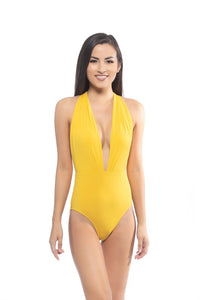 SOLID HALTER V NECK ONE PIECE