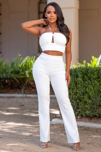 SOLID HALTER NECK CHAIN CROP TOP AND PANTS