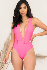 Belted V-neck High Leg One Piece Swimsuit