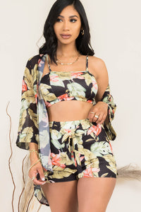 Tropical Print Crop Top Short and Sheer Kimono Set
