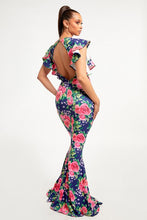 Load image into Gallery viewer, Floral Ruffled Short Sleeves Mermaid Maxi Dress