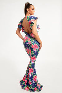 Floral Ruffled Short Sleeves Mermaid Maxi Dress