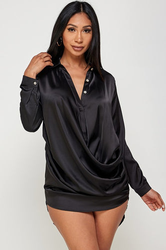 Satin Button Down Draped Shirt Dress