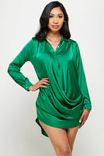 Load image into Gallery viewer, Satin Button Down Draped Shirt Dress