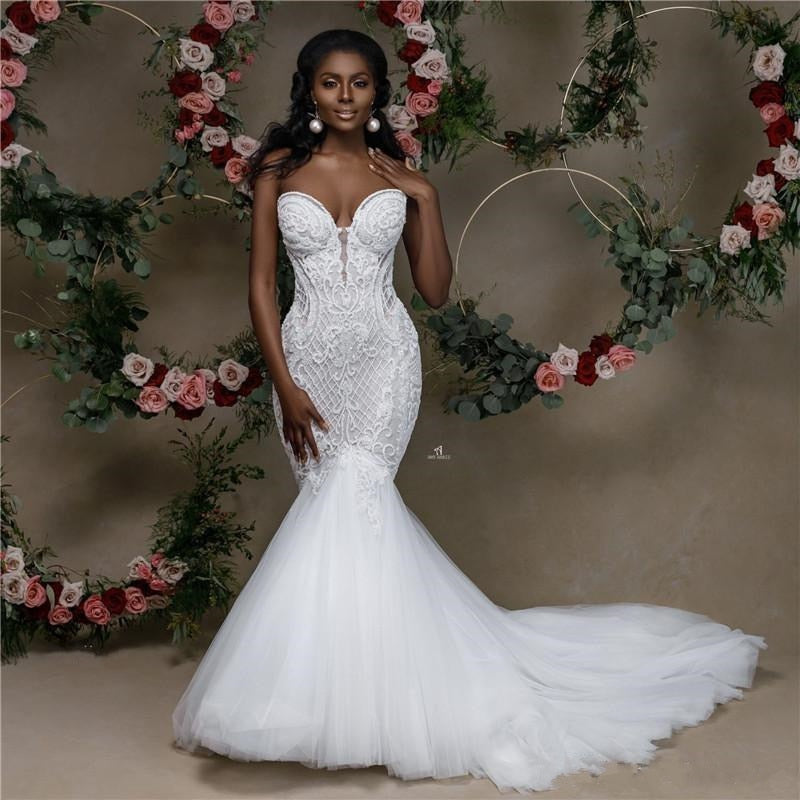 Sweetheart Strapless Lace Beaded Wedding Gown